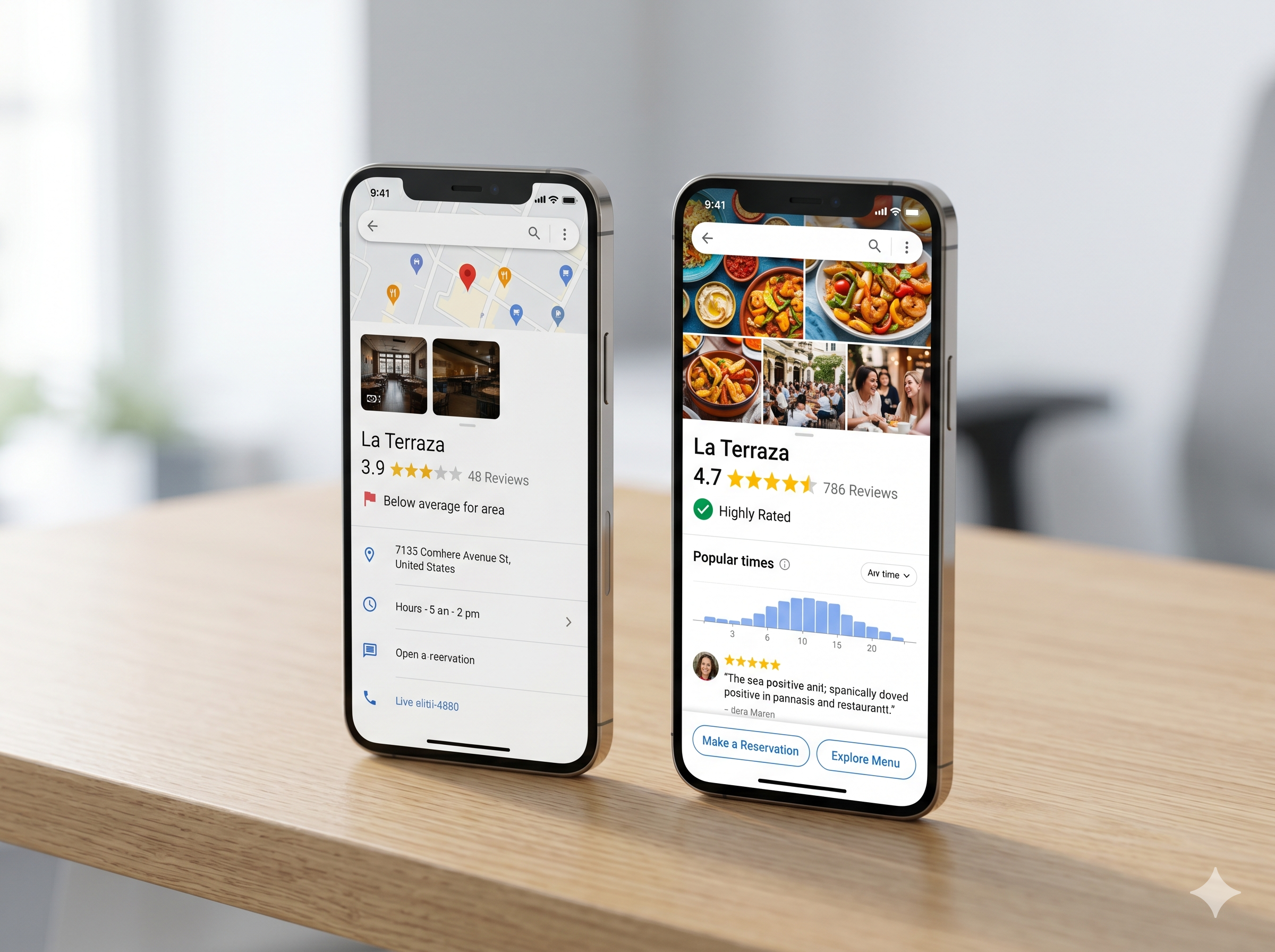 Guest leaving a real Google review on phone at restaurant table