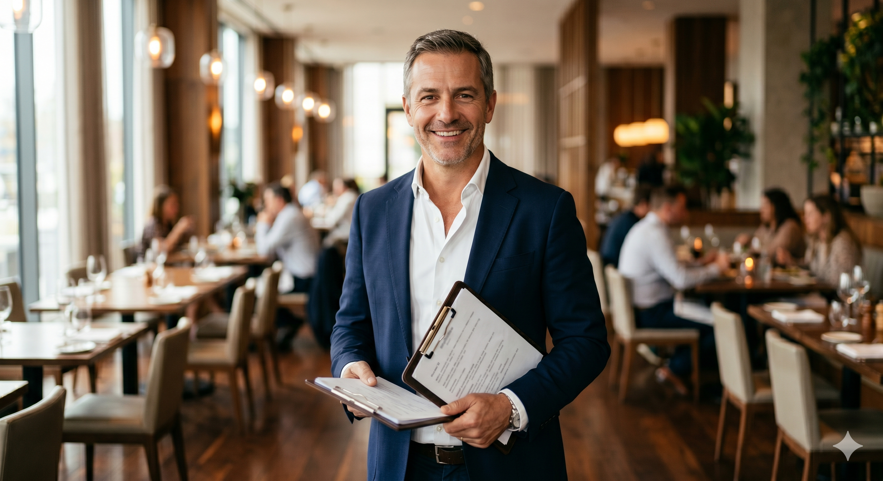 Restaurant owner standing in the dining room with a folder