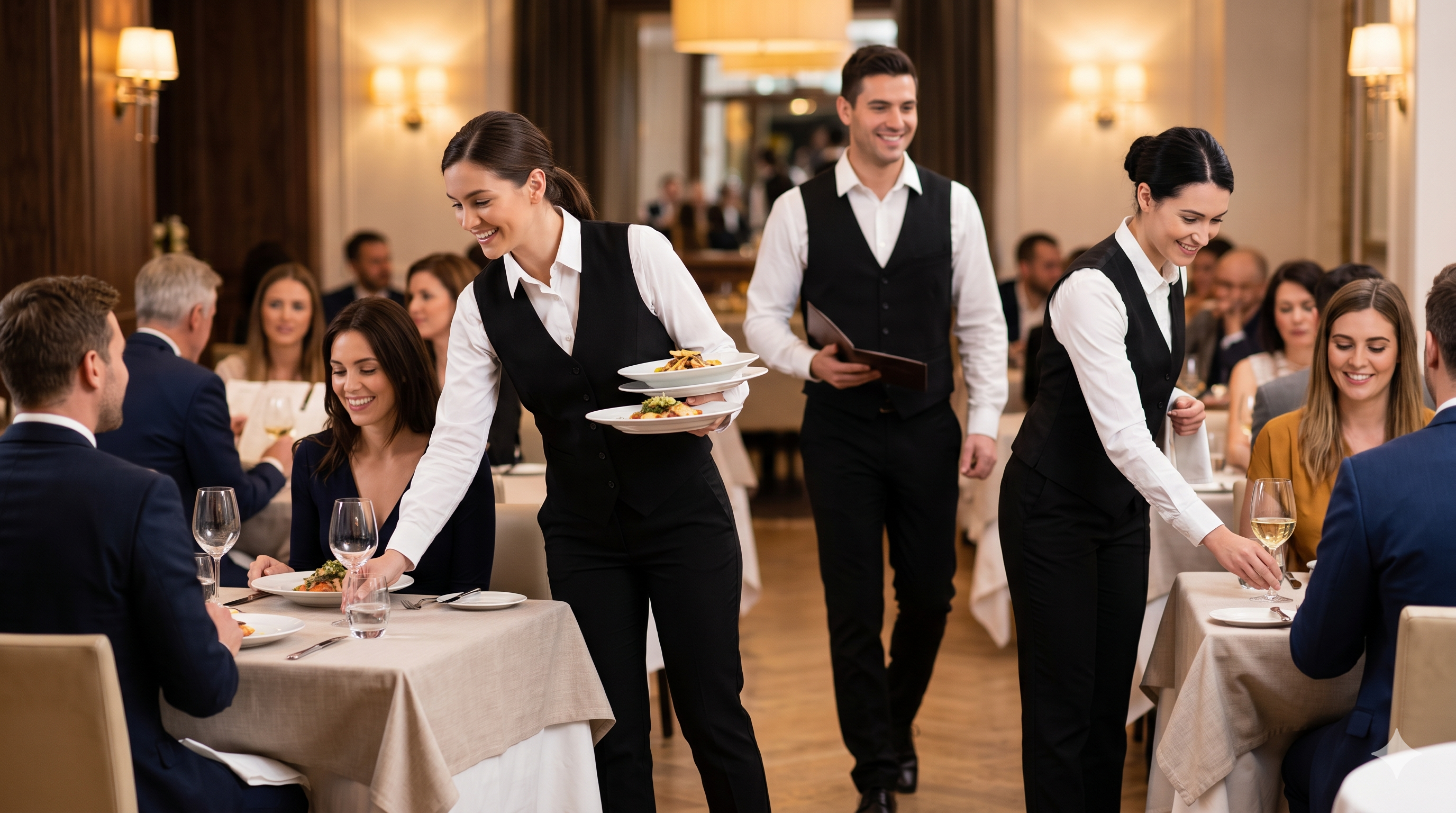 Team of professional waiters in an upscale restaurant