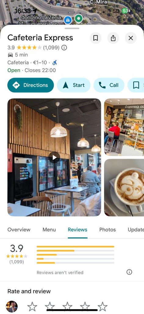 Cafeteria Express La Zenia Google Maps showing 3.9 stars before ProfitX3