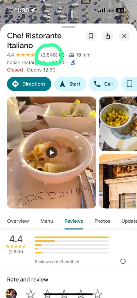 Che Italiano Google review count before ProfitX3