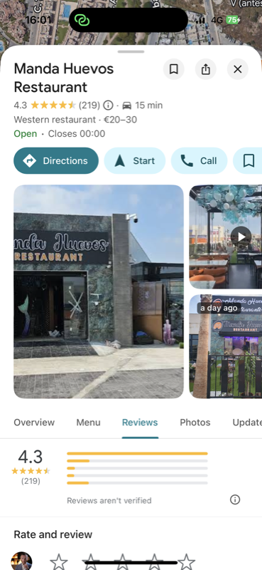 Manda Huevos Google showing 4.3 stars after 6 days with ProfitX3