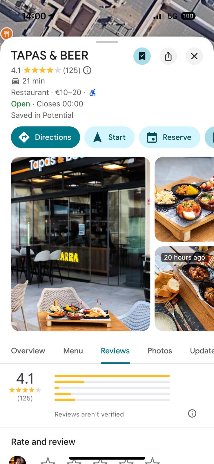 Tapas & Beer Google showing 4.1 stars with 125 reviews after 4 days with ProfitX3